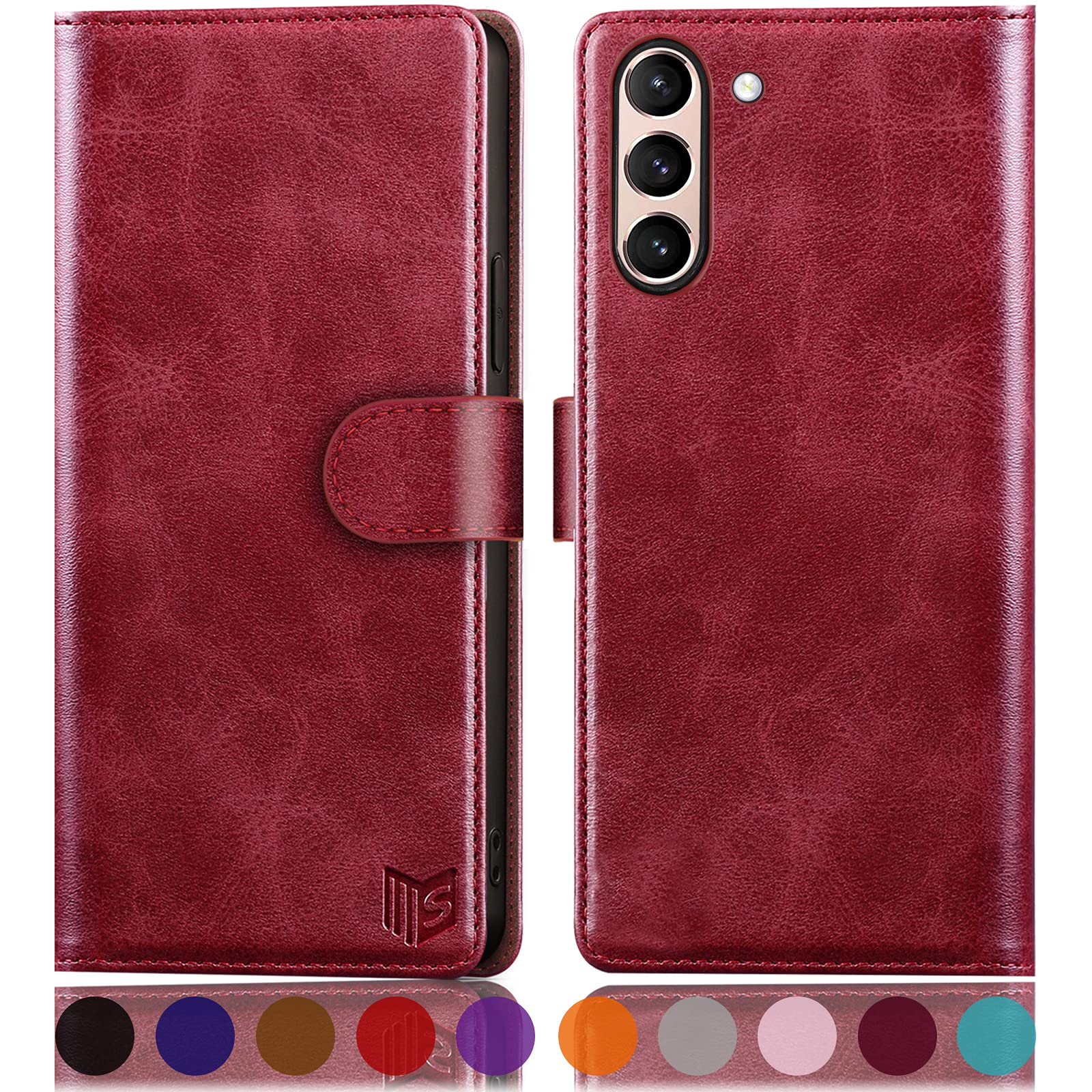 Suanpot Samsung Galaxy S21 FE Wallet Case RFID Blocking Credit Card Holder PU Leather Flip Folio Cover for Men and Women Red