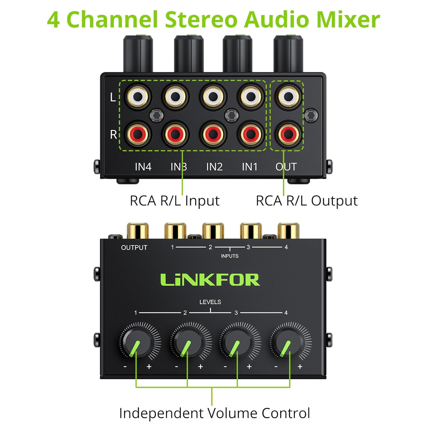LiNKFOR LiNKFOR 4 Channel Stereo Audio Mixer CX400 Metal Shell Support RCA Input and Output Mini Passive Stereo Mixer with Separate Volume Controls - View 2 of 9