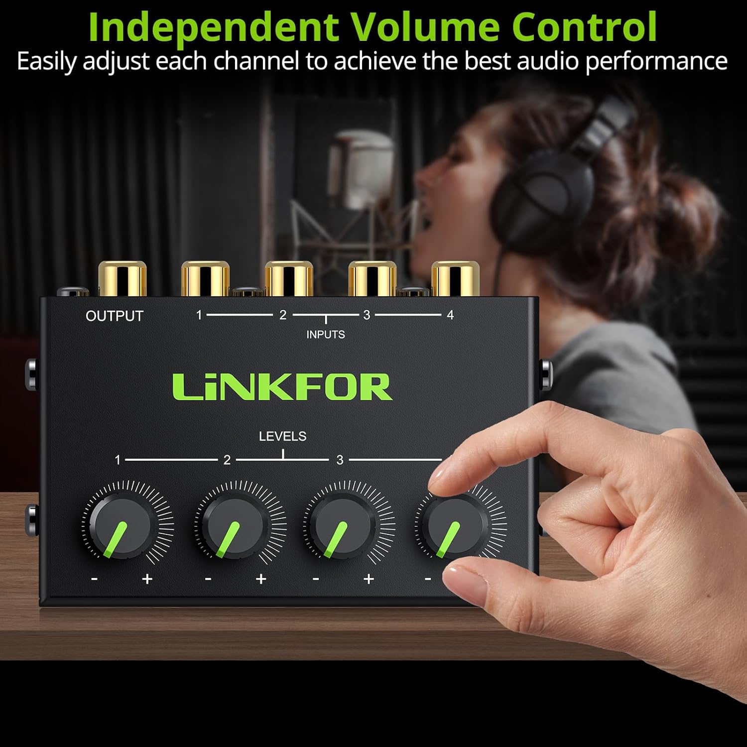 LiNKFOR LiNKFOR 4 Channel Stereo Audio Mixer CX400 Metal Shell Support RCA Input and Output Mini Passive Stereo Mixer with Separate Volume Controls - View 4 of 9