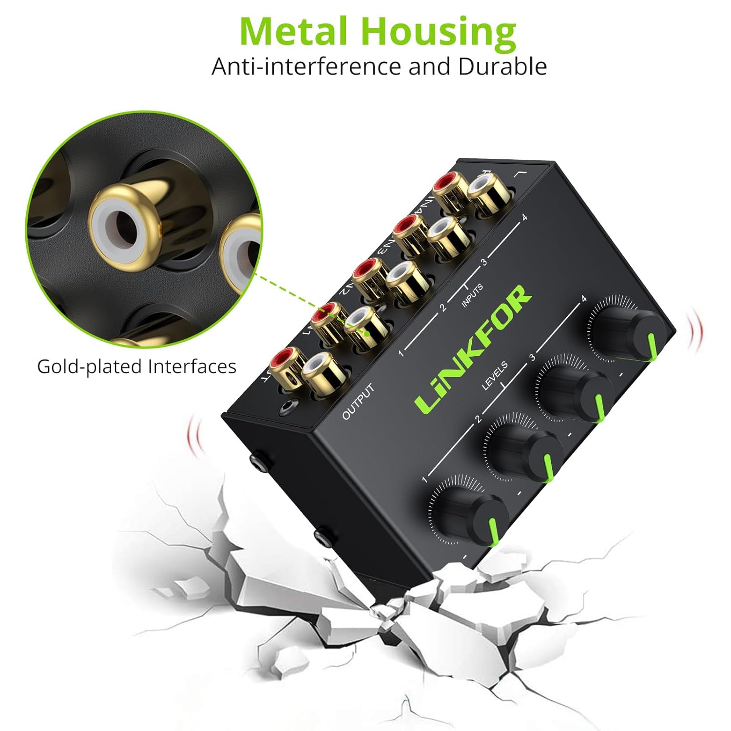 LiNKFOR LiNKFOR 4 Channel Stereo Audio Mixer CX400 Metal Shell Support RCA Input and Output Mini Passive Stereo Mixer with Separate Volume Controls - View 6 of 9