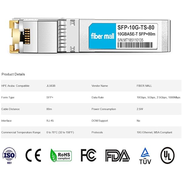fiber mall 10G SFP+ to RJ45 HPE Aruba JL563B Compatible 10GBASE-T Copper RJ45 Transceiver Module 80m - View 6 of 6