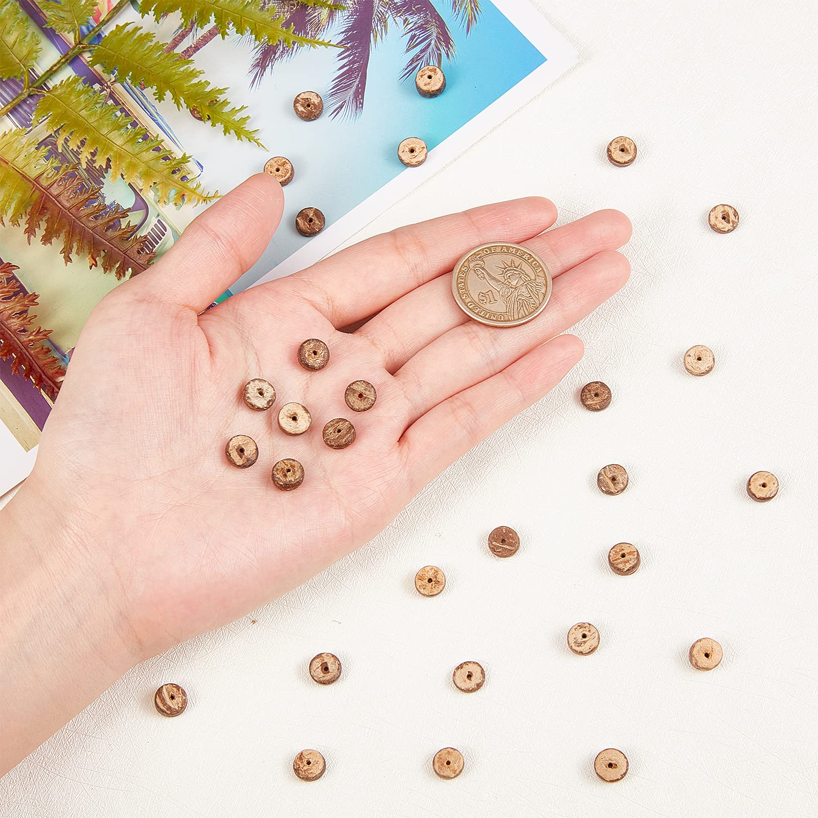 OLYCRAFT OLYCRAFT 428 Pieces Coconut Shell Beads 8mm Natural Coconut Shell Rondelle Beads Summer Beach Theme Flat Round Coconut Beads Strands for Bracelet - View 3 of 7