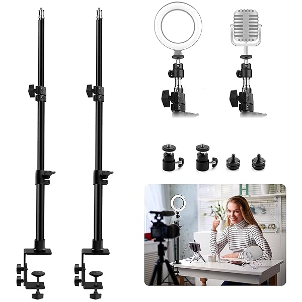 Obeamiu Obeamiu 2 Pack C Clamp Desk Mount Light Stand Adjustable 21-45 Inch for DSLR Camera Ring Light Video Monitor Microphone Webcam