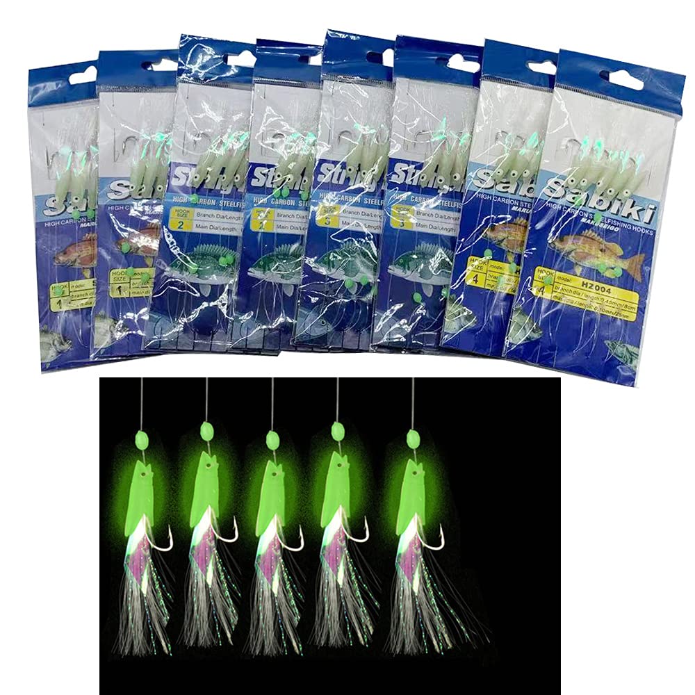 NA 8 Packs 40 Hooks Size 1# 2# 3# 4# Luminous Sabiki Rigs Fishing Flasher Lures Bait Rigs Fish Skin Glow Fishing Lure Fishing Beads High Carbon Hooks