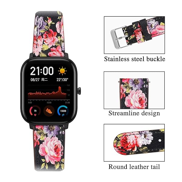 E ECSEM E ECSEM Floral Leather Watch Strap for Popglory P22 Compatible Bands for Women and Men Replacement Wristbands Flower-Pink Accessory - View 5 of 7