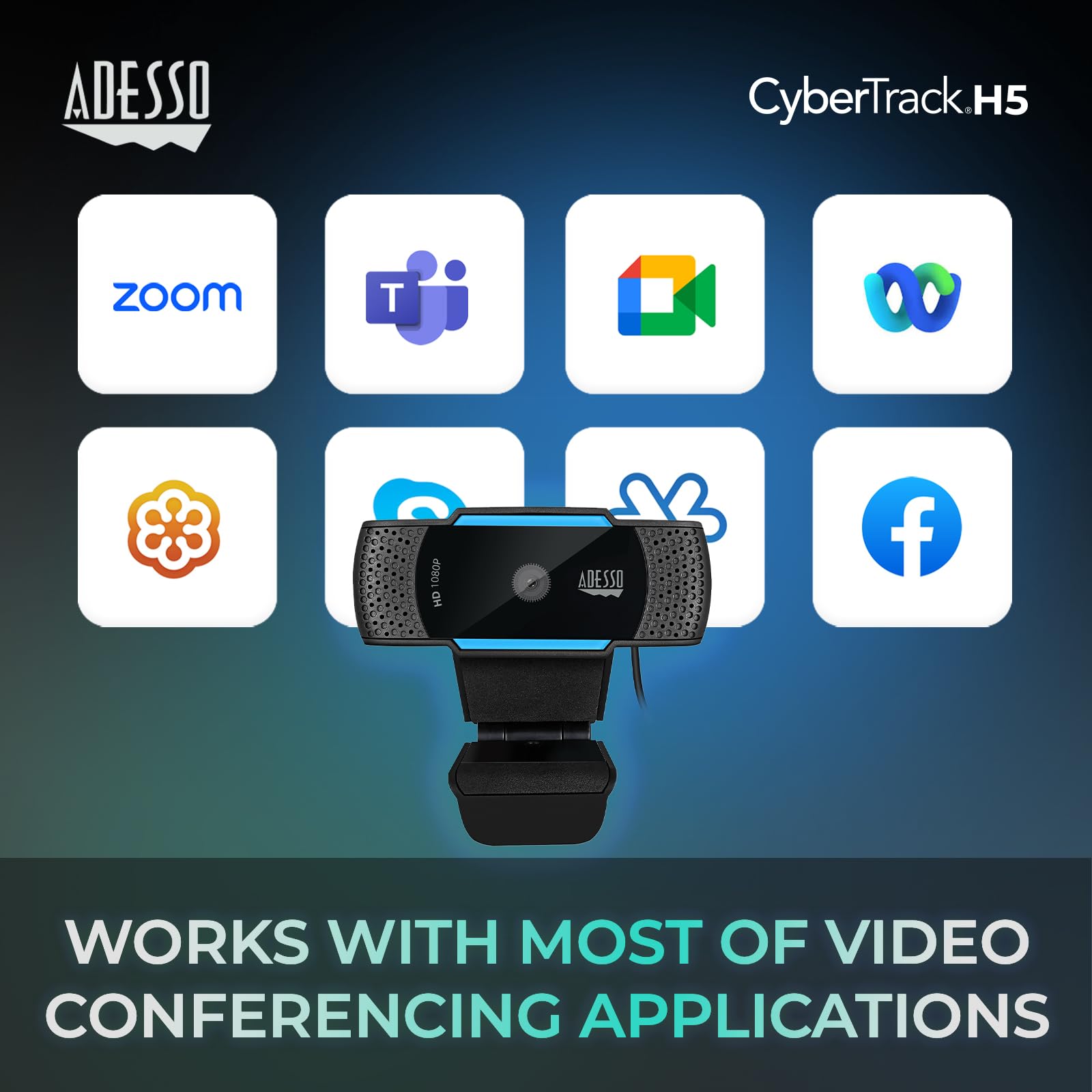 Adesso Adesso CyberTrack H5 TAA 1080P HD Webcam with Auto Focus Dual Microphone Tripod Mount and Privacy Shutter Cover - View 3 of 9