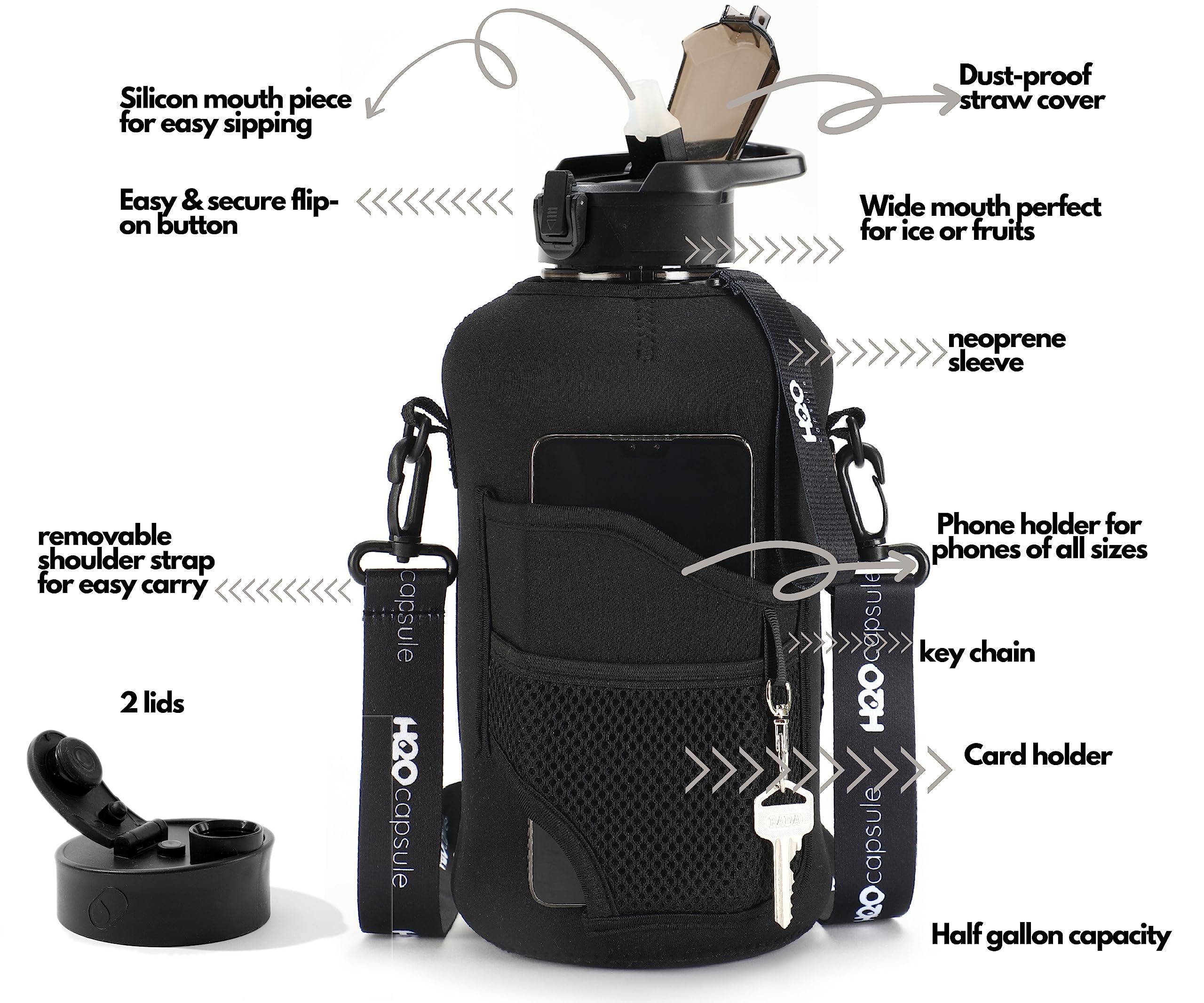 H2O Capsule H2O Capsule 2.2L Half Gallon Water Bottle BPA Free with Storage Sleeve and Straw Large Reusable Drink Container Jet Black - View 2 of 8