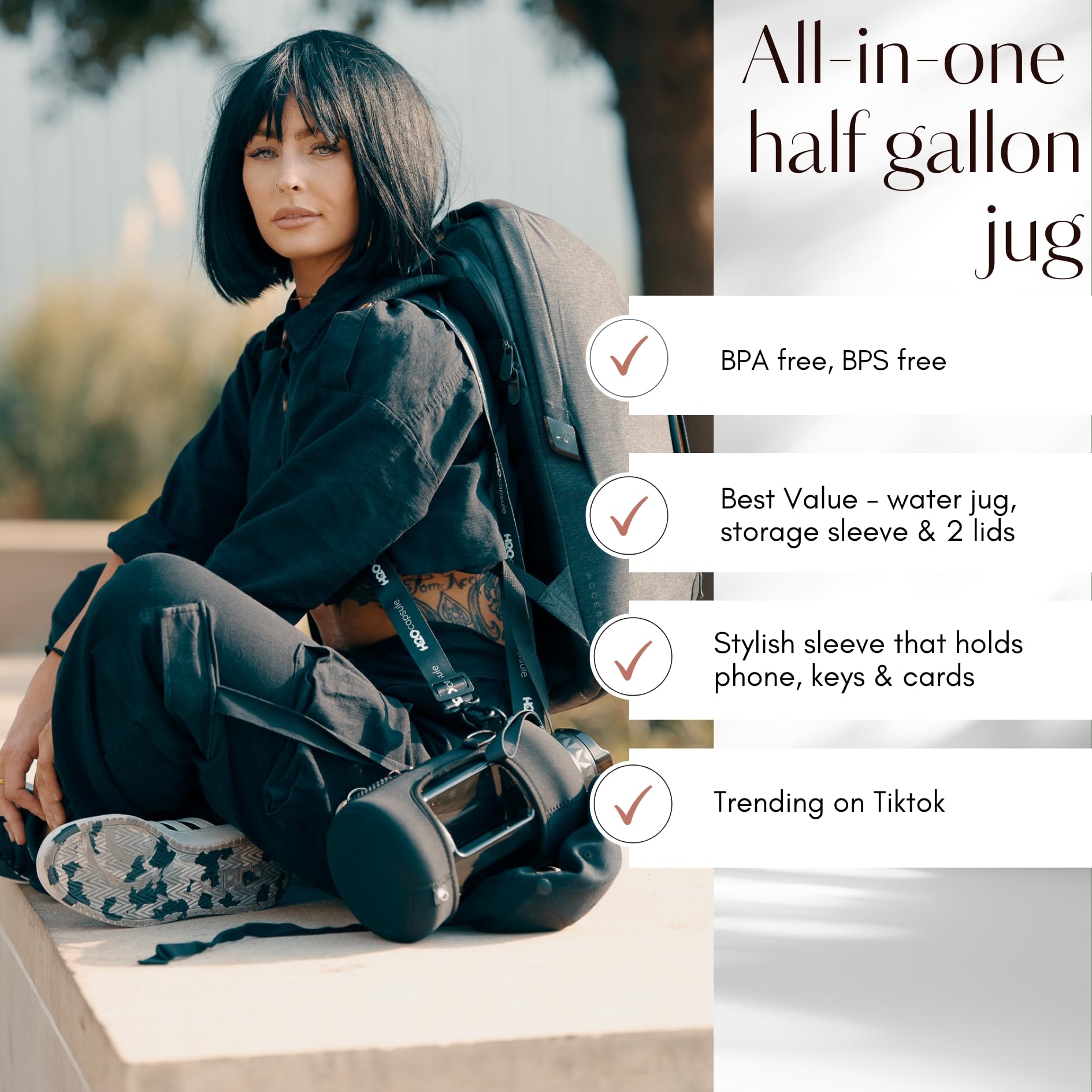 H2O Capsule H2O Capsule 2.2L Half Gallon Water Bottle BPA Free with Storage Sleeve and Straw Large Reusable Drink Container Jet Black - View 3 of 8