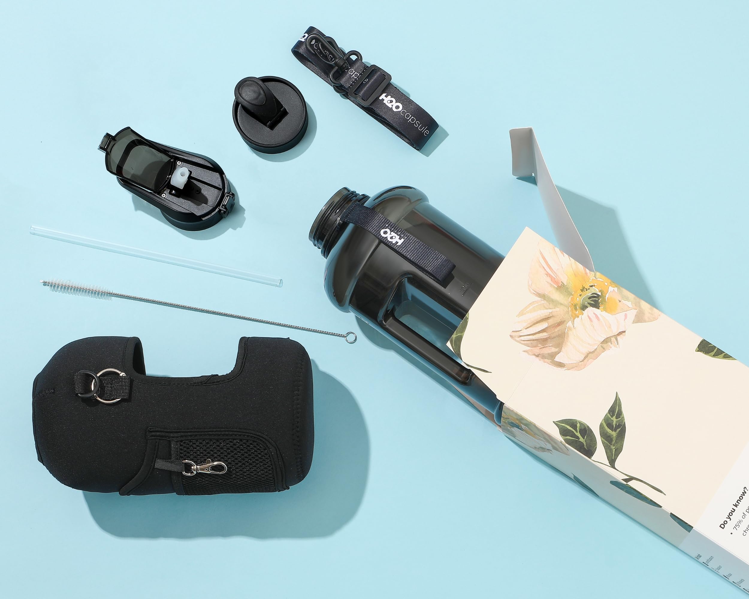 H2O Capsule H2O Capsule 2.2L Half Gallon Water Bottle BPA Free with Storage Sleeve and Straw Large Reusable Drink Container Jet Black - View 5 of 8