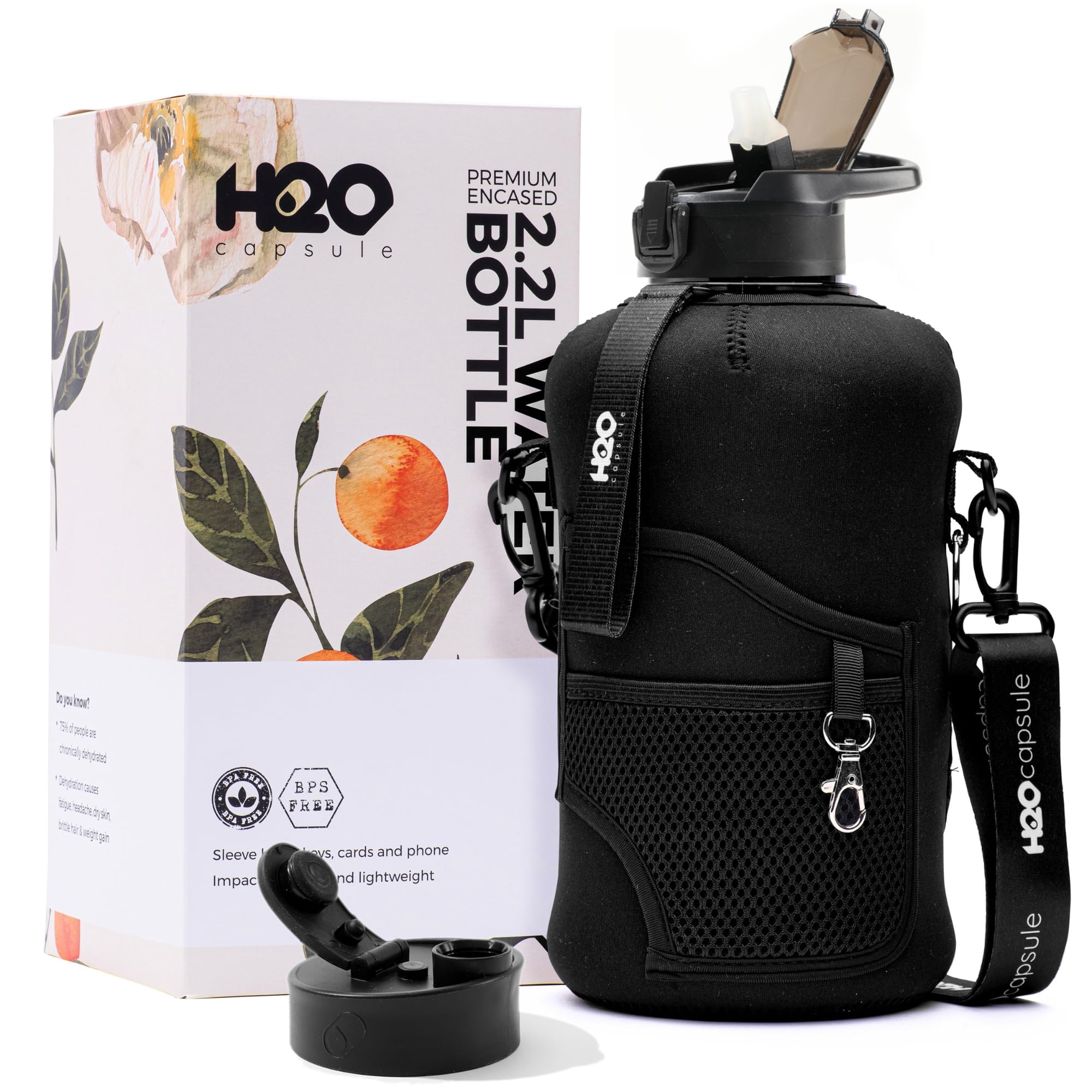 H2O Capsule H2O Capsule 2.2L Half Gallon Water Bottle BPA Free with Storage Sleeve and Straw Large Reusable Drink Container Jet Black