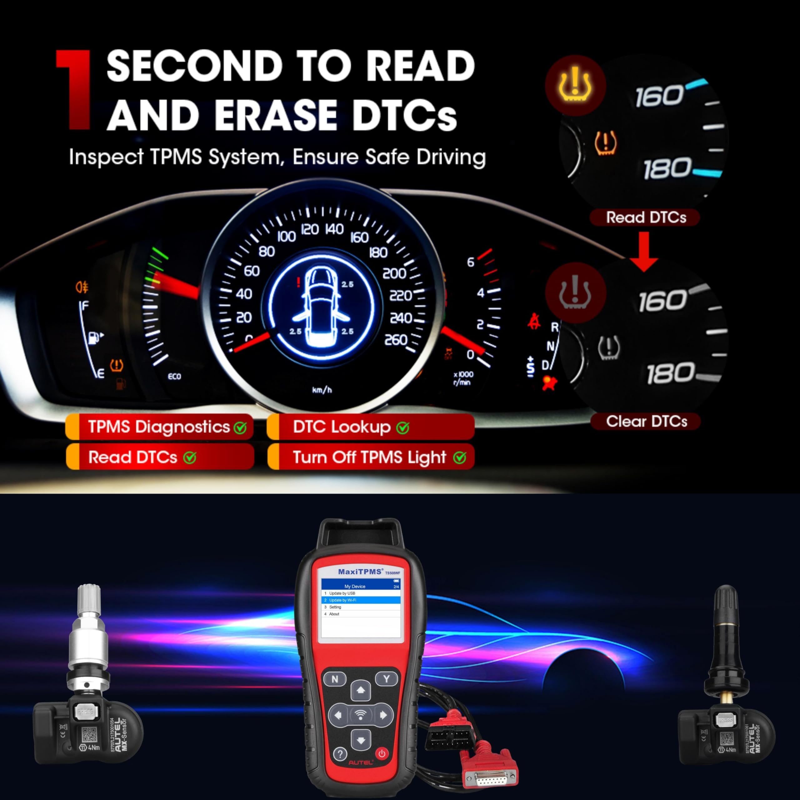 Autel Autel MaxiTPMS TS508WF TPMS Relearn and Reset Tool MX Sensor Programming DTCs Check and Remove Quick and Advance Mode Tire Sensor ID Read and Clone - View 4 of 6