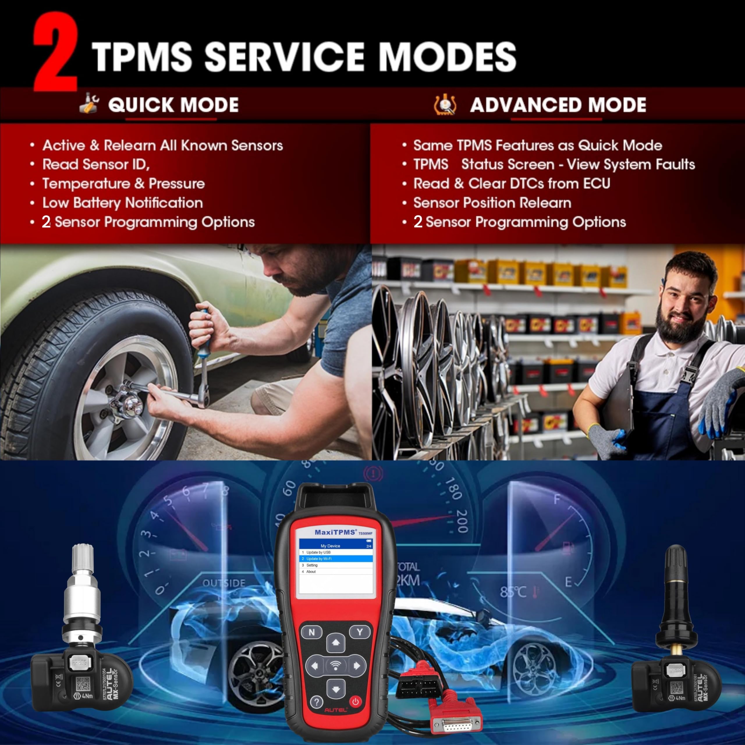 Autel Autel MaxiTPMS TS508WF TPMS Relearn and Reset Tool MX Sensor Programming DTCs Check and Remove Quick and Advance Mode Tire Sensor ID Read and Clone - View 5 of 6