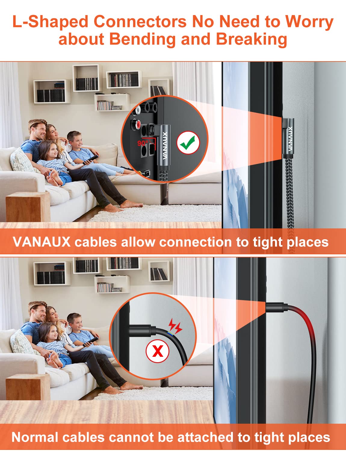 VANAUX VANAUX Double 90 Degree Optical Cable, 3.2ft SPDIF Audio Optical Cable, 360 Degree Rotatable L Shaped Right Angle Digital Toslink Male to Male Cable - View 2 of 7