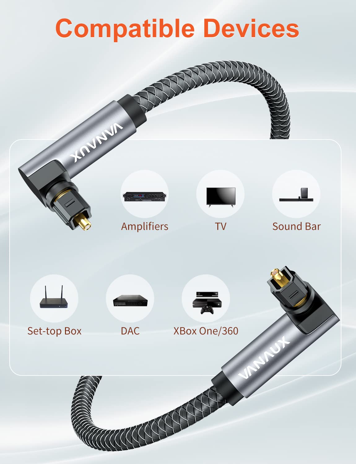 VANAUX VANAUX Double 90 Degree Optical Cable, 3.2ft SPDIF Audio Optical Cable, 360 Degree Rotatable L Shaped Right Angle Digital Toslink Male to Male Cable - View 5 of 7