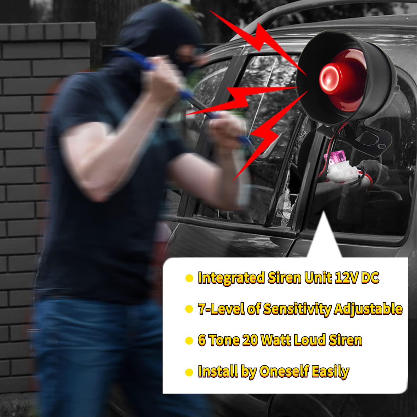 CHADWICK CHADWICK Car Horn Siren Alarm,Universal Car Alarm Security Protection System with 2 Remote Controls,7-Level Sensitivity,12v,Anti-Theft Device,No - View 2 of 9