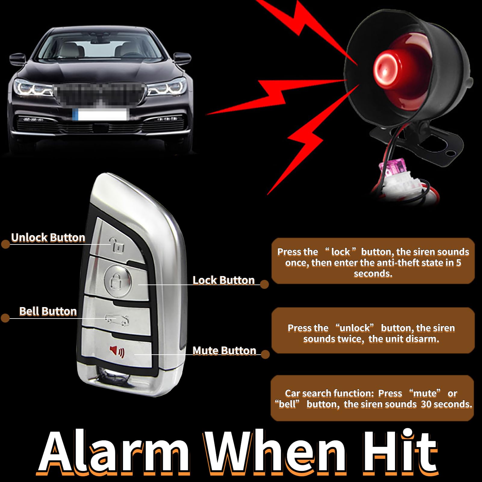 CHADWICK CHADWICK Car Horn Siren Alarm,Universal Car Alarm Security Protection System with 2 Remote Controls,7-Level Sensitivity,12v,Anti-Theft Device,No - View 3 of 9