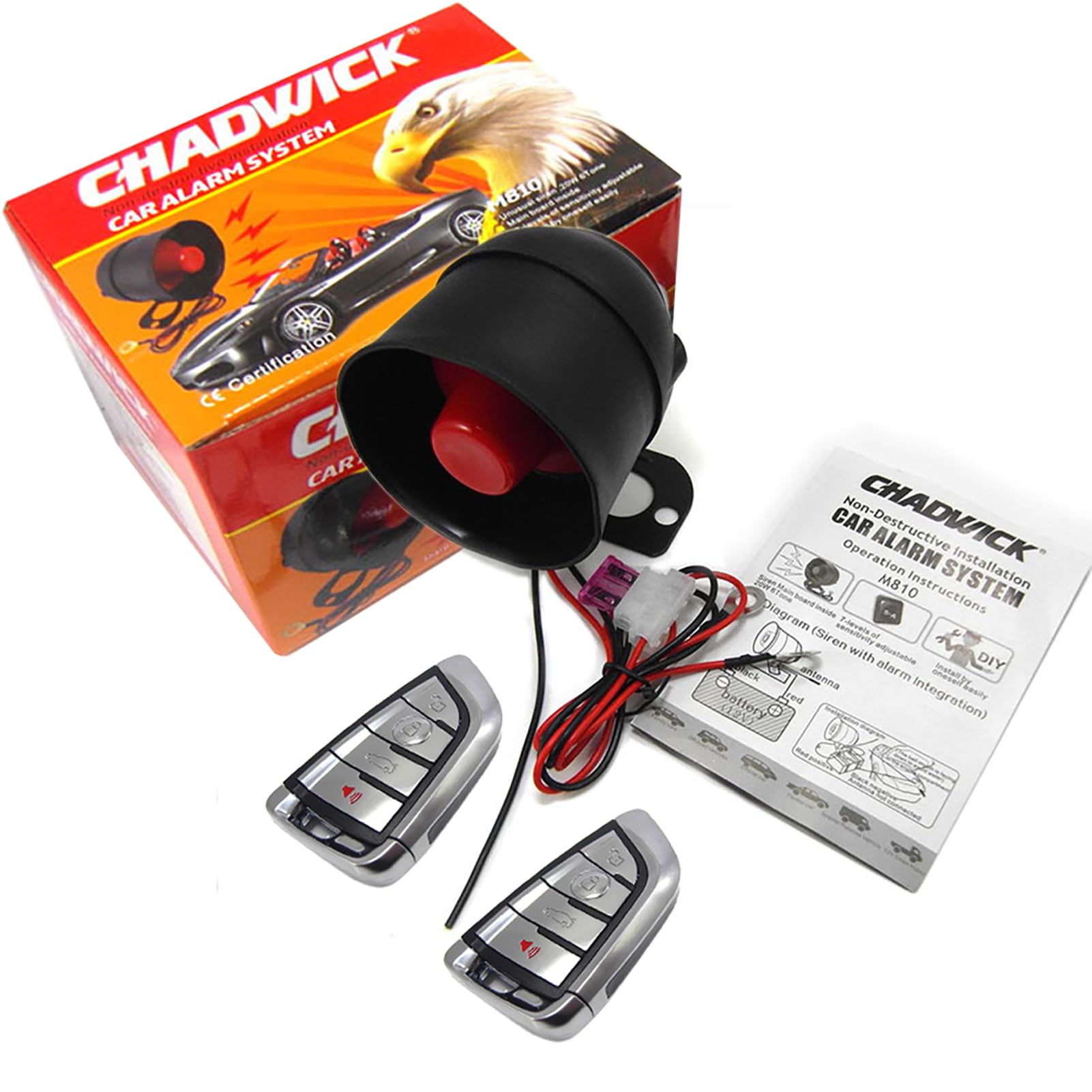CHADWICK CHADWICK Car Horn Siren Alarm,Universal Car Alarm Security Protection System with 2 Remote Controls,7-Level Sensitivity,12v,Anti-Theft Device,No