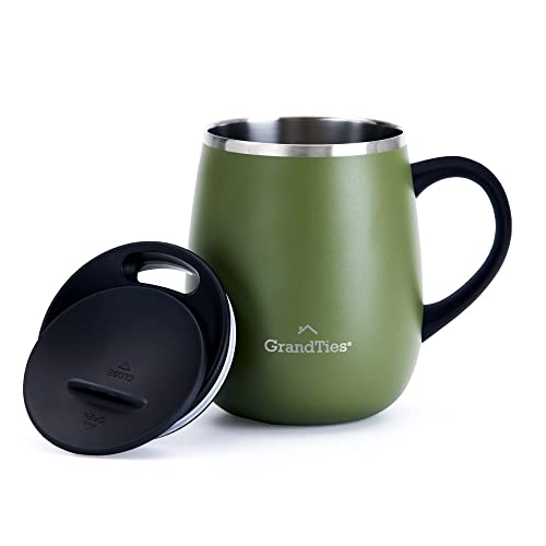 GRANDTIES Insulated Coffee Mug - 16 oz Double Walled Thermos with Sliding Lid, Olive Green, Keeps Drinks Hot or Cold
