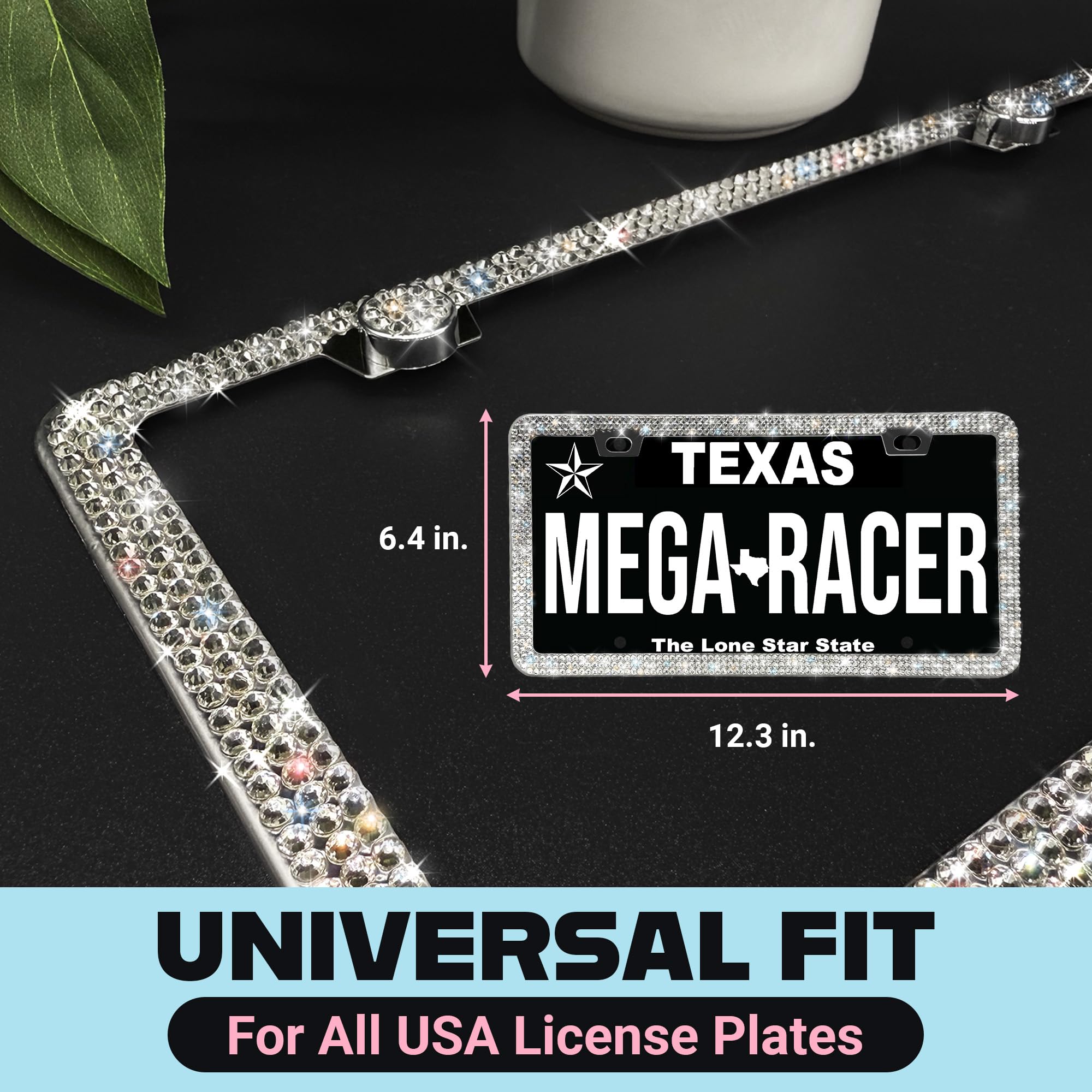 Mega Racer Dazzling Bling License Plate Frames for Women - 2 Pack, 1600 Premium Rhinestones, Rust-Free Stainless Steel, Street Legal Slim Design, Sparkly - View 2 of 9