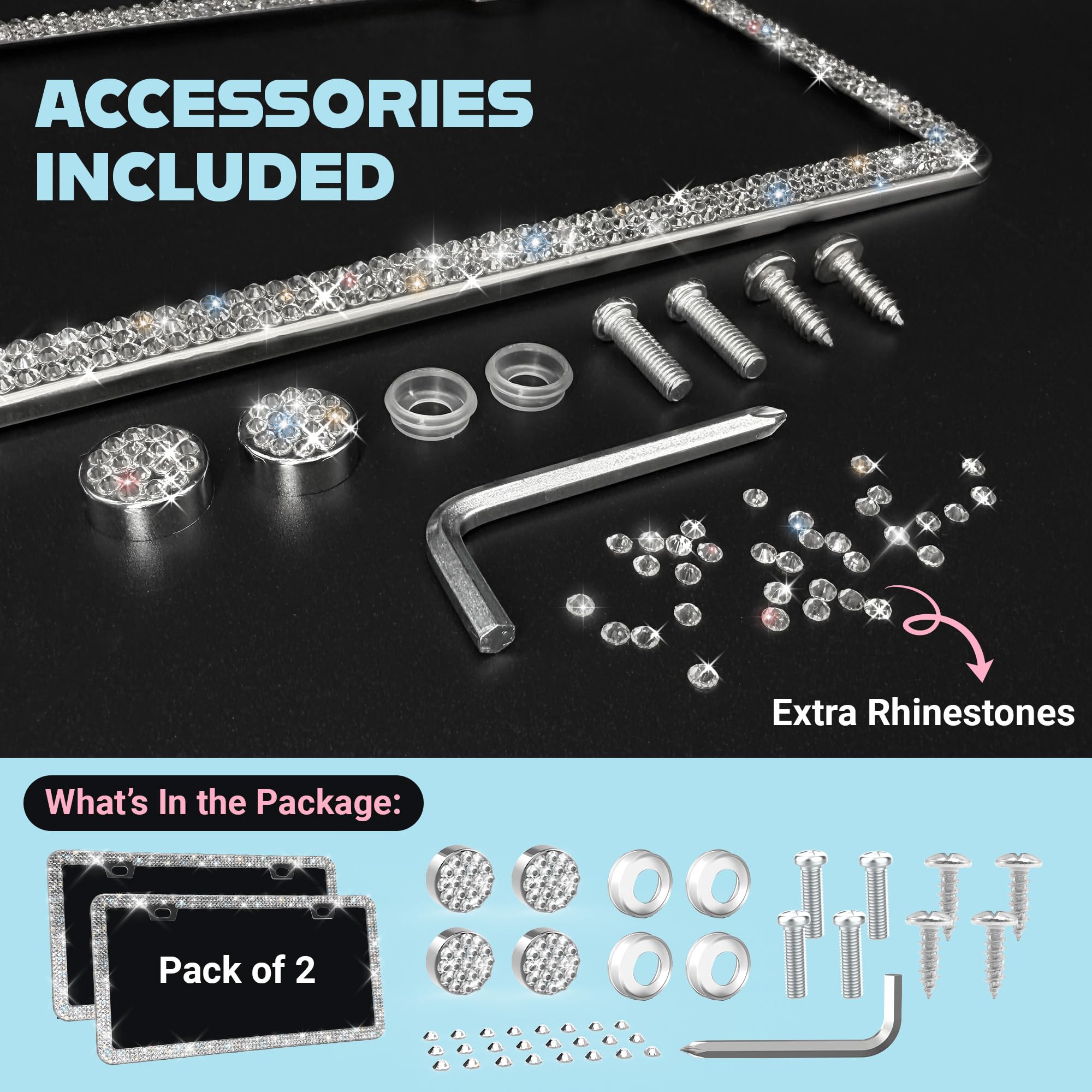 Mega Racer Dazzling Bling License Plate Frames for Women - 2 Pack, 1600 Premium Rhinestones, Rust-Free Stainless Steel, Street Legal Slim Design, Sparkly - View 3 of 9