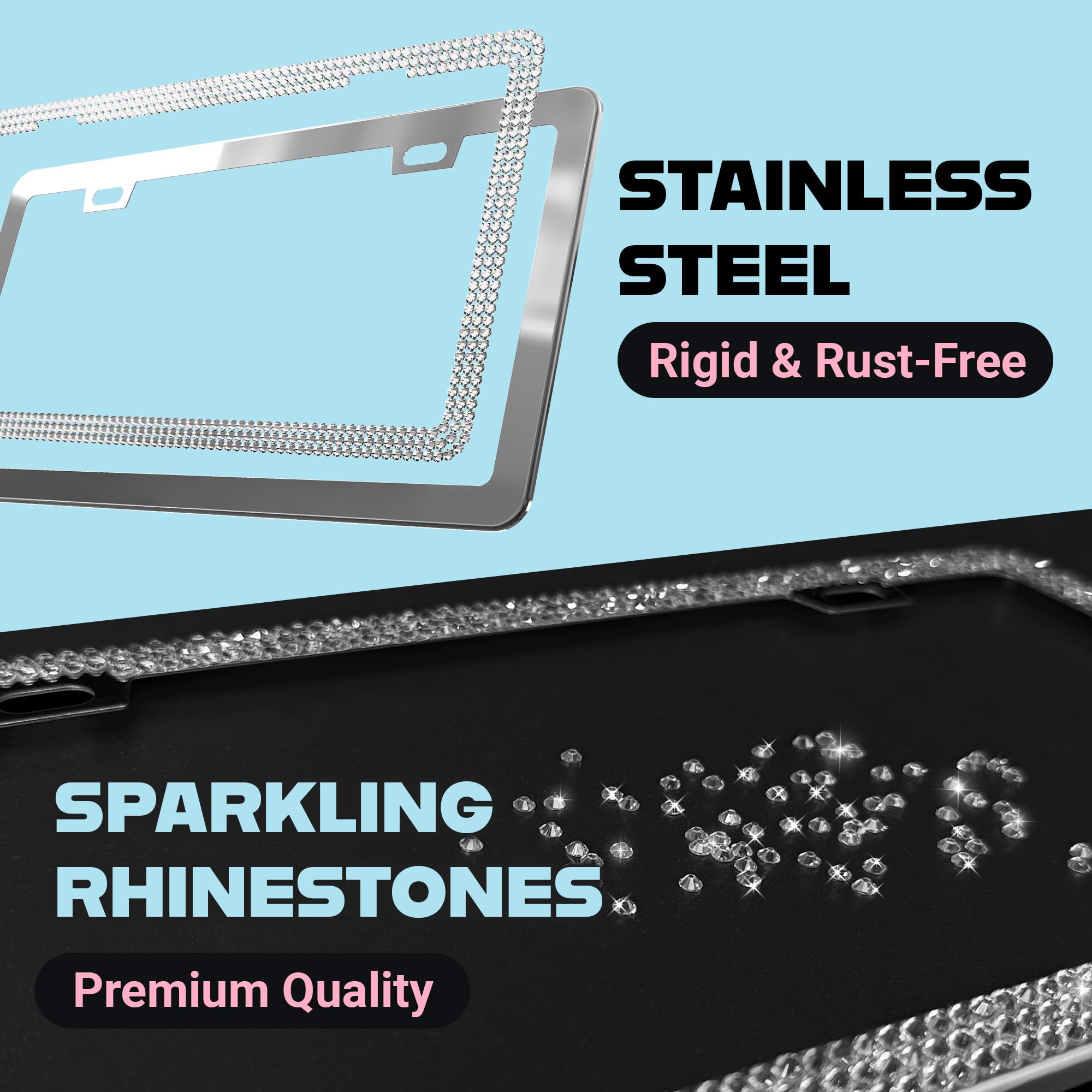 Mega Racer Dazzling Bling License Plate Frames for Women - 2 Pack, 1600 Premium Rhinestones, Rust-Free Stainless Steel, Street Legal Slim Design, Sparkly - View 4 of 9