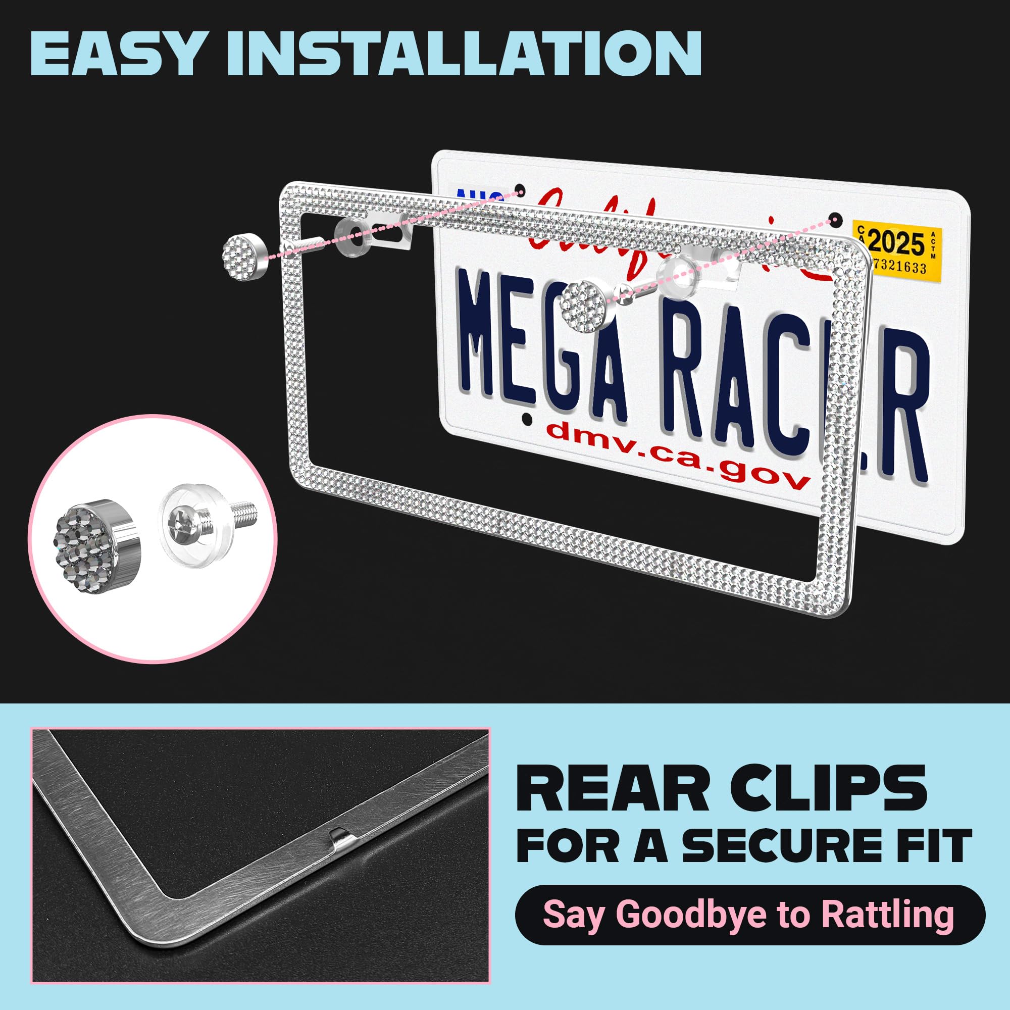 Mega Racer Dazzling Bling License Plate Frames for Women - 2 Pack, 1600 Premium Rhinestones, Rust-Free Stainless Steel, Street Legal Slim Design, Sparkly - View 5 of 9