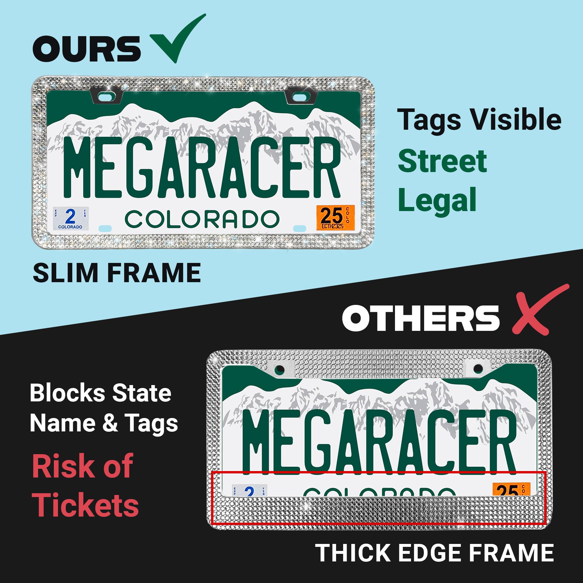 Mega Racer Dazzling Bling License Plate Frames for Women - 2 Pack, 1600 Premium Rhinestones, Rust-Free Stainless Steel, Street Legal Slim Design, Sparkly - View 6 of 9