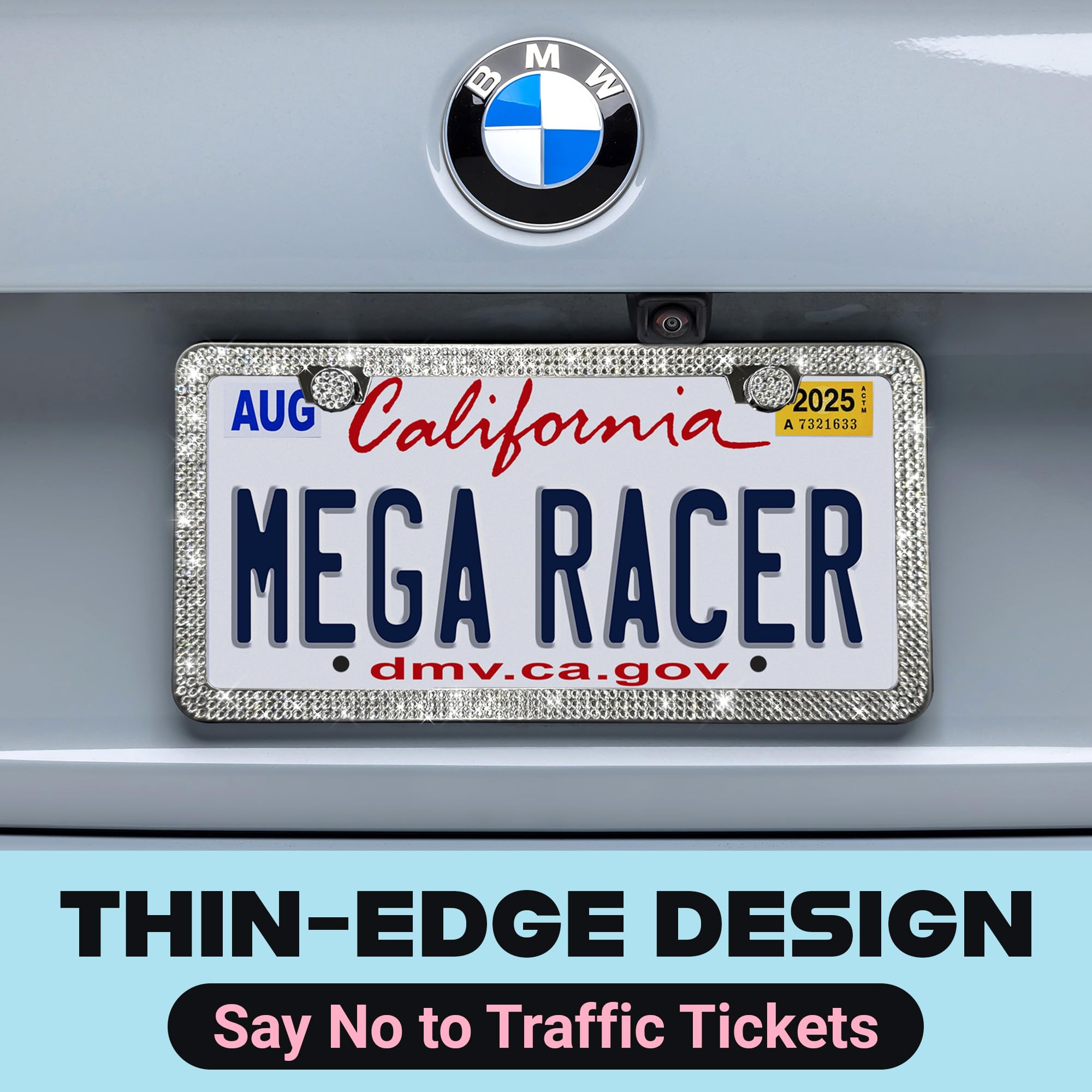 Mega Racer Dazzling Bling License Plate Frames for Women - 2 Pack, 1600 Premium Rhinestones, Rust-Free Stainless Steel, Street Legal Slim Design, Sparkly - View 7 of 9