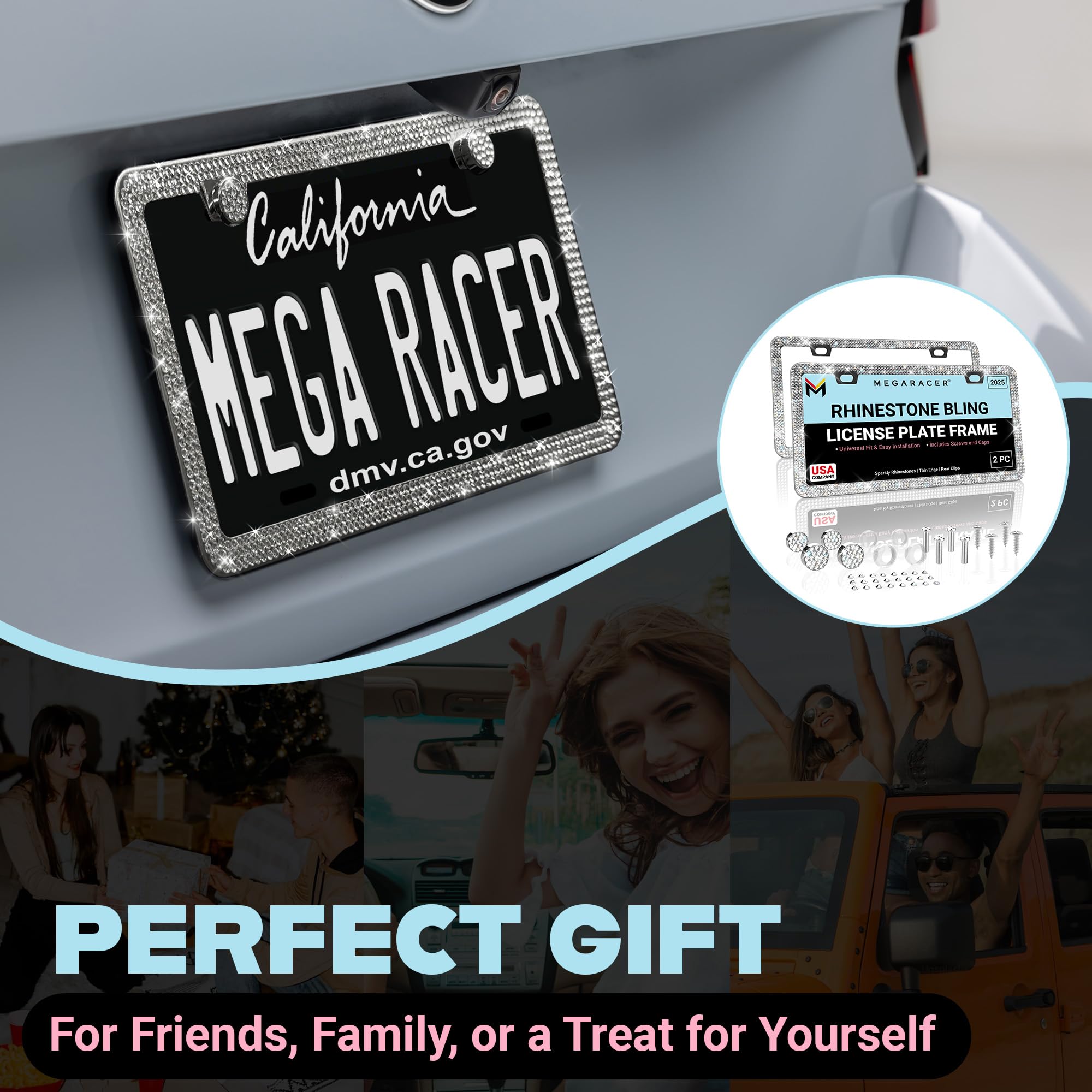 Mega Racer Dazzling Bling License Plate Frames for Women - 2 Pack, 1600 Premium Rhinestones, Rust-Free Stainless Steel, Street Legal Slim Design, Sparkly - View 9 of 9