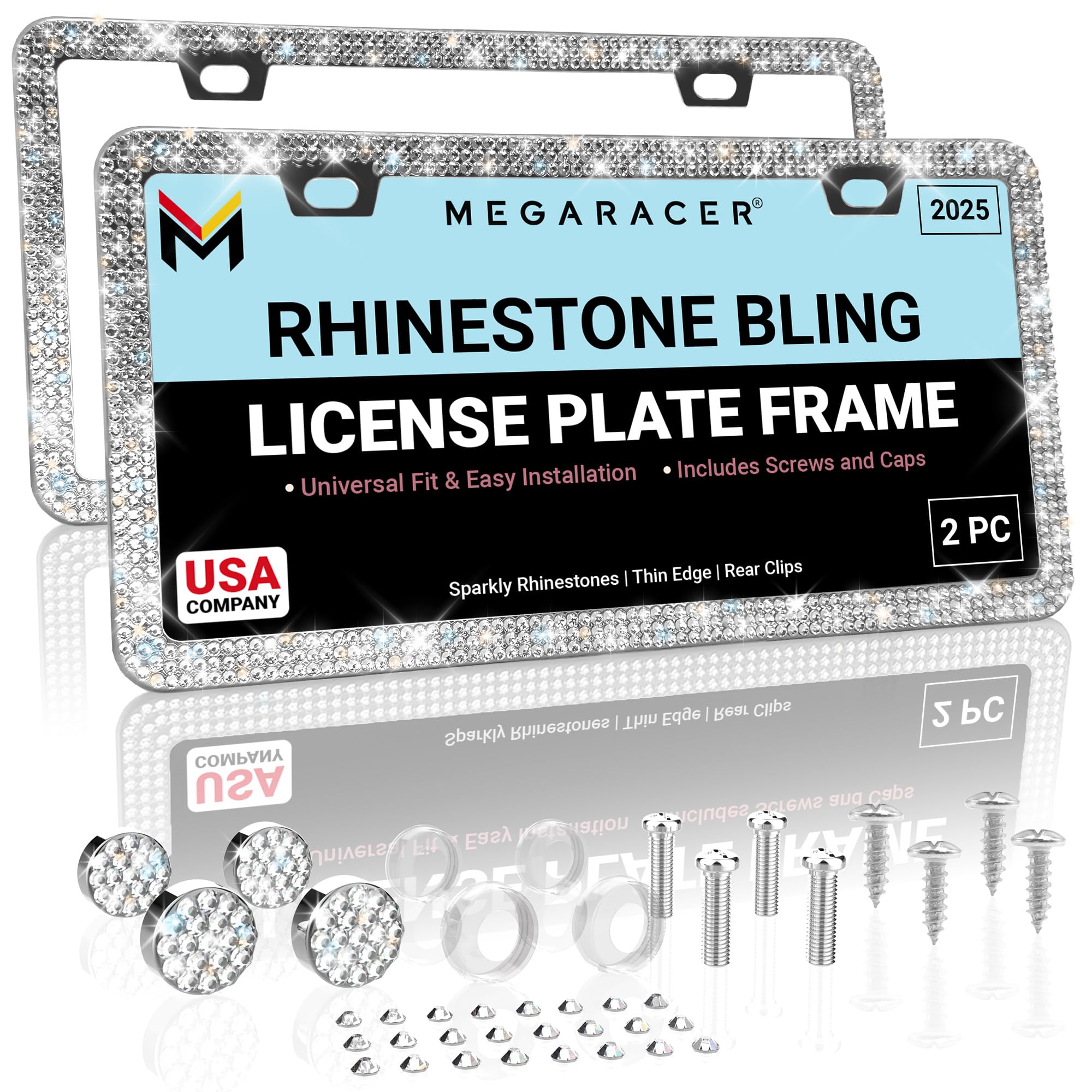 Dazzling Bling License Plate Frames for Women - 2 Pack, 1600 Premium Rhinestones, Rust-Free Stainless Steel, Street Legal Slim Design, Sparkly