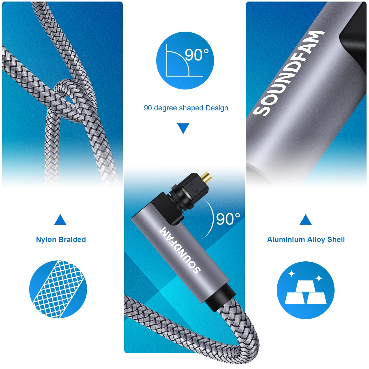 SOUNDFAM SOUNDFAM 90 Degree Optical Audio Cable 10ft 3M Right Angle Toslink Cable Male to Male 360 Degree Free-Rotating for Home Theater,TV,PS4,Sound - View 5 of 7