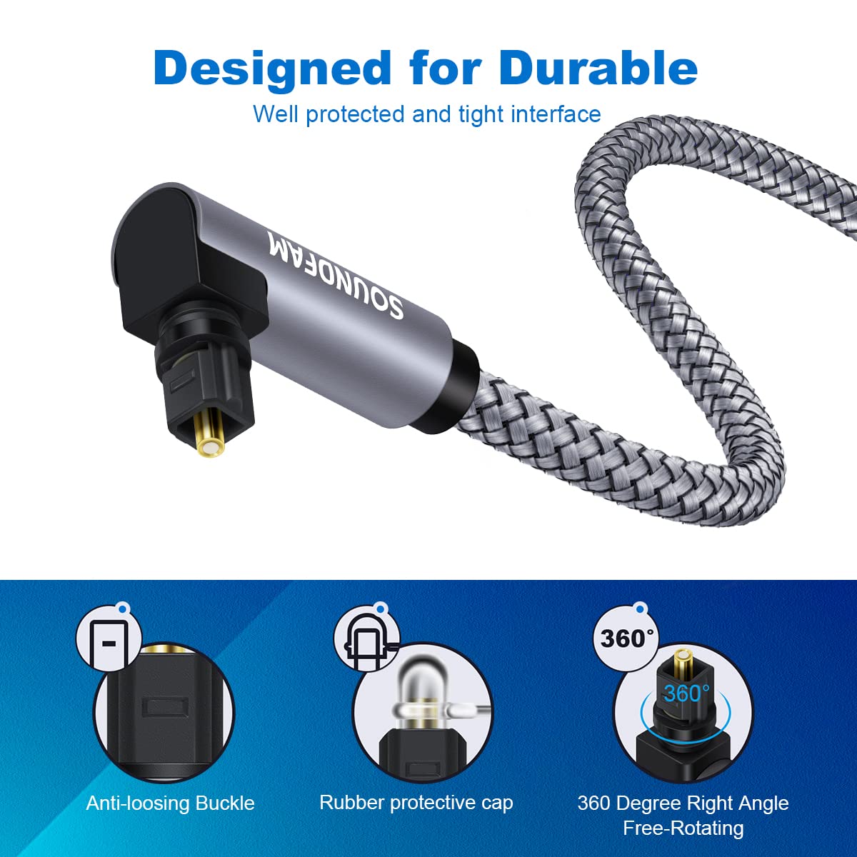 SOUNDFAM SOUNDFAM 90 Degree Optical Audio Cable 6ft 2M Right Angle Toslink Cable Male to Male 360 Degree Free-Rotating for Home Theater,TV,PS4,Sound - View 4 of 7