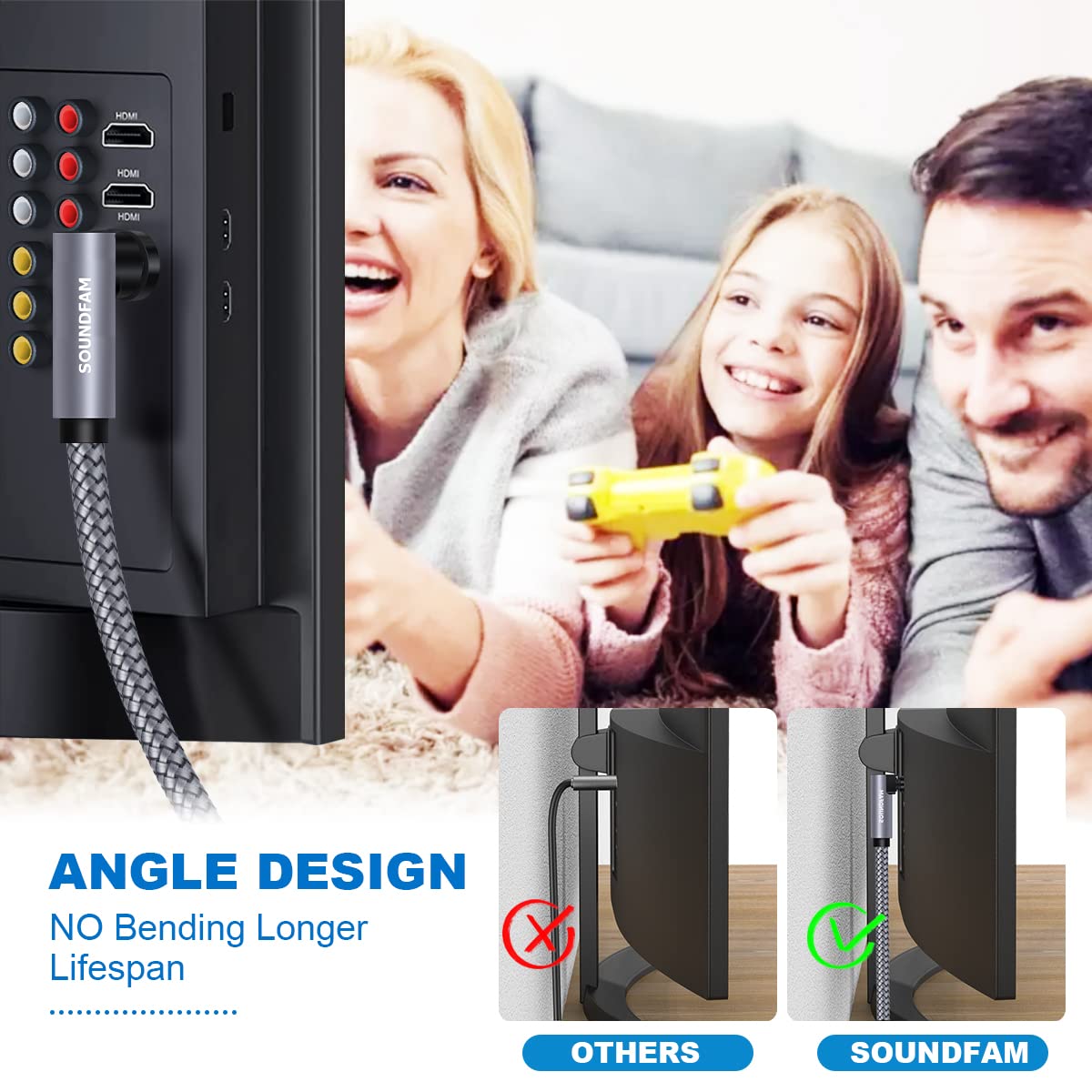 SOUNDFAM SOUNDFAM 90 Degree Optical Audio Cable 5ft 1.5M Right Angle Toslink Cable Male to Male 360 Degree Free-Rotating for Home Theater,TV,PS4,Sound - View 7 of 7