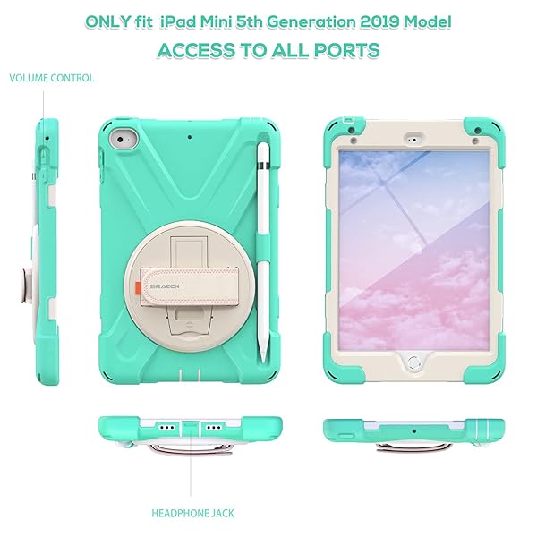 BRAECN BRAECN iPad Mini 5th Generation Case Kids Mint Green with Hand Strap Kickstand Pencil Holder and Shoulder Strap for iPad Mini 4/5 - View 6 of 7