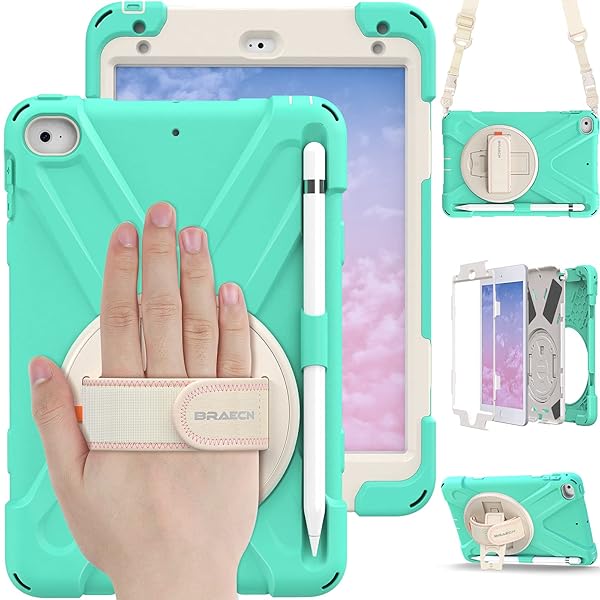 BRAECN BRAECN iPad Mini 5th Generation Case Kids Mint Green with Hand Strap Kickstand Pencil Holder and Shoulder Strap for iPad Mini 4/5 - View 2 of 7
