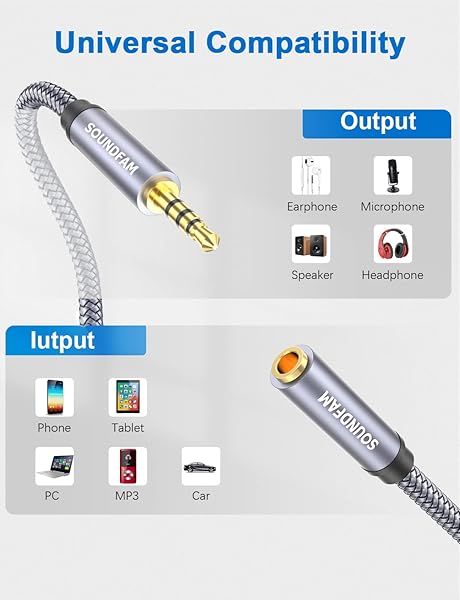 SOUNDFAM SOUNDFAM 3.5mm Headphone Extension Cable Male to Female Nylon Braided 3.3ft for Car Home Stereo Headphones Tablets Grey - View 4 of 8