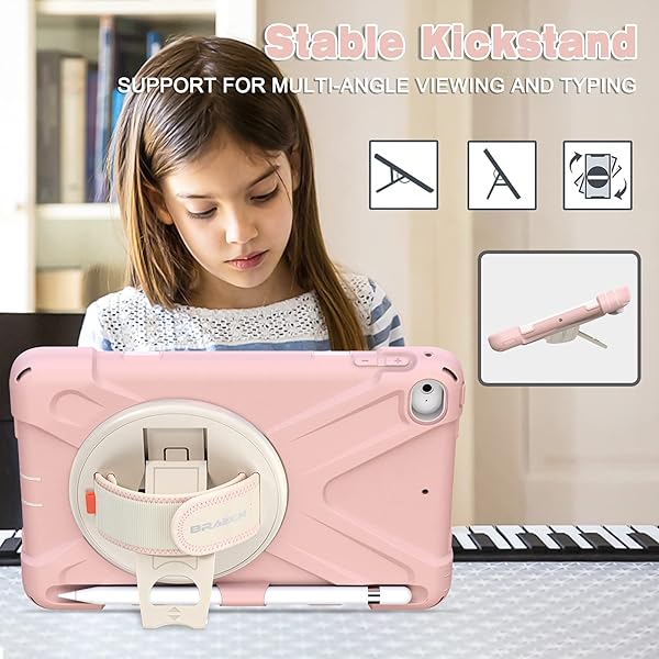 BRAECN BRAECN iPad Mini 5th Generation Case for Kids with Pencil Holder Hand Strap Shoulder Strap Kickstand Sakura Pink - View 4 of 7