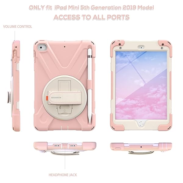 BRAECN BRAECN iPad Mini 5th Generation Case for Kids with Pencil Holder Hand Strap Shoulder Strap Kickstand Sakura Pink - View 6 of 7