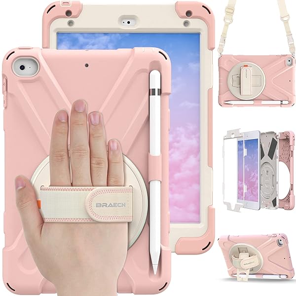 BRAECN BRAECN iPad Mini 5th Generation Case for Kids with Pencil Holder Hand Strap Shoulder Strap Kickstand Sakura Pink - View 2 of 7