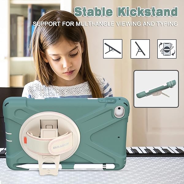 BRAECN BRAECN iPad Mini 5 Case Kids Rugged with Kickstand Hand Strap Pencil Holder Shoulder Strap for iPad Mini 4th Gen 7.9 Emerald Green - View 4 of 7