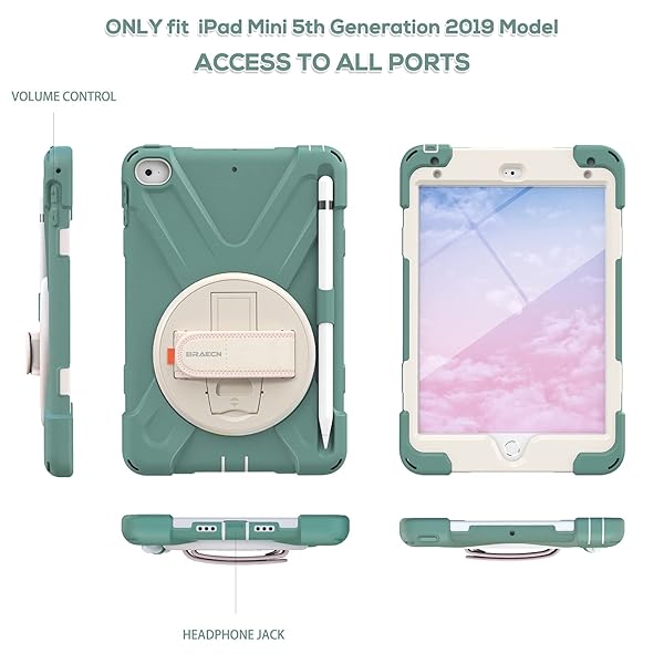 BRAECN BRAECN iPad Mini 5 Case Kids Rugged with Kickstand Hand Strap Pencil Holder Shoulder Strap for iPad Mini 4th Gen 7.9 Emerald Green - View 6 of 7