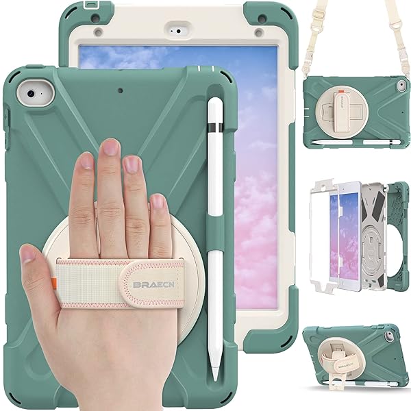 BRAECN BRAECN iPad Mini 5 Case Kids Rugged with Kickstand Hand Strap Pencil Holder Shoulder Strap for iPad Mini 4th Gen 7.9 Emerald Green - View 2 of 7