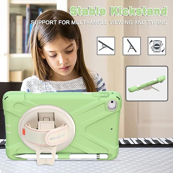 BRAECN BRAECN iPad Mini 5th Generation Case Kids with Shoulder Strap 360 Rotatable Hand Strap Kickstand Built-in Pencil Holder Matcha Green - View 4 of 7