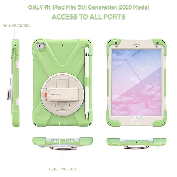 BRAECN BRAECN iPad Mini 5th Generation Case Kids with Shoulder Strap 360 Rotatable Hand Strap Kickstand Built-in Pencil Holder Matcha Green - View 6 of 7