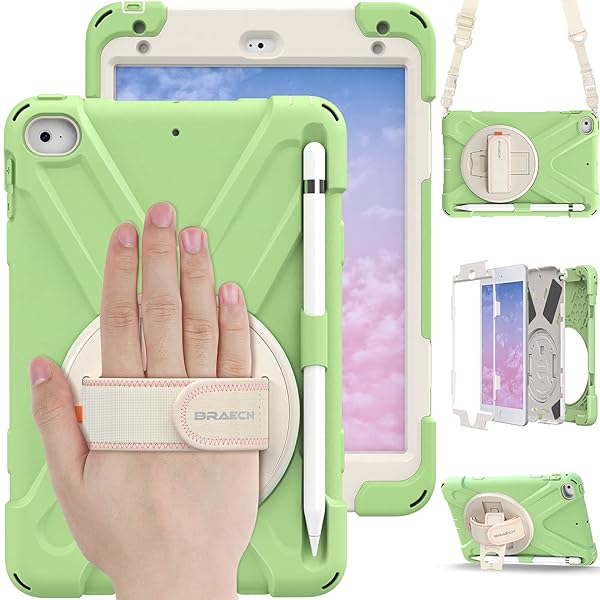 BRAECN BRAECN iPad Mini 5th Generation Case Kids with Shoulder Strap 360 Rotatable Hand Strap Kickstand Built-in Pencil Holder Matcha Green - View 2 of 7