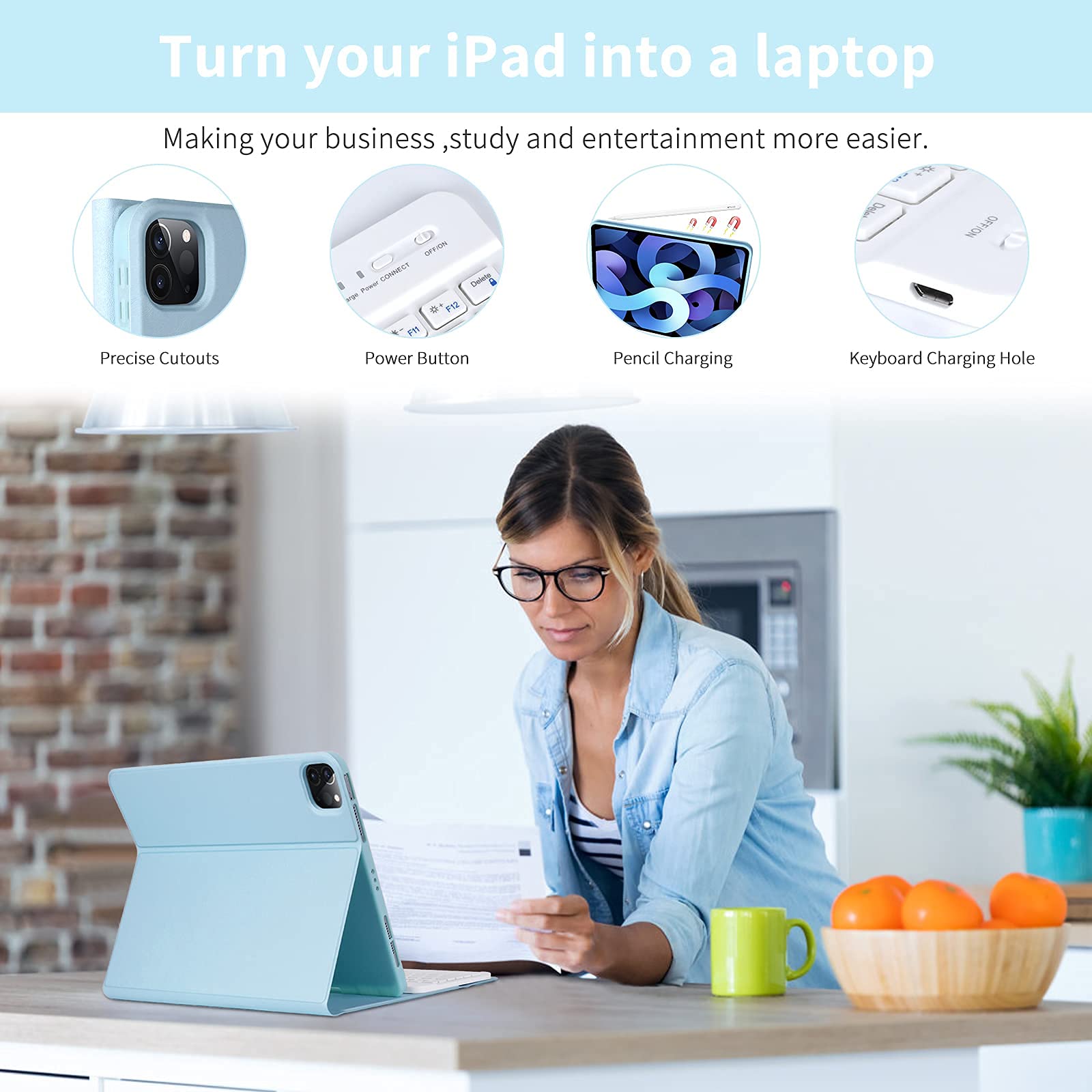 BAIBAO Keyboard Case for iPad Air 11 inch and iPad Pro 11 inch with Magnetic Detachable Bluetooth Keyboard and Pencil Holder in Sky Blue - View 5 of 7