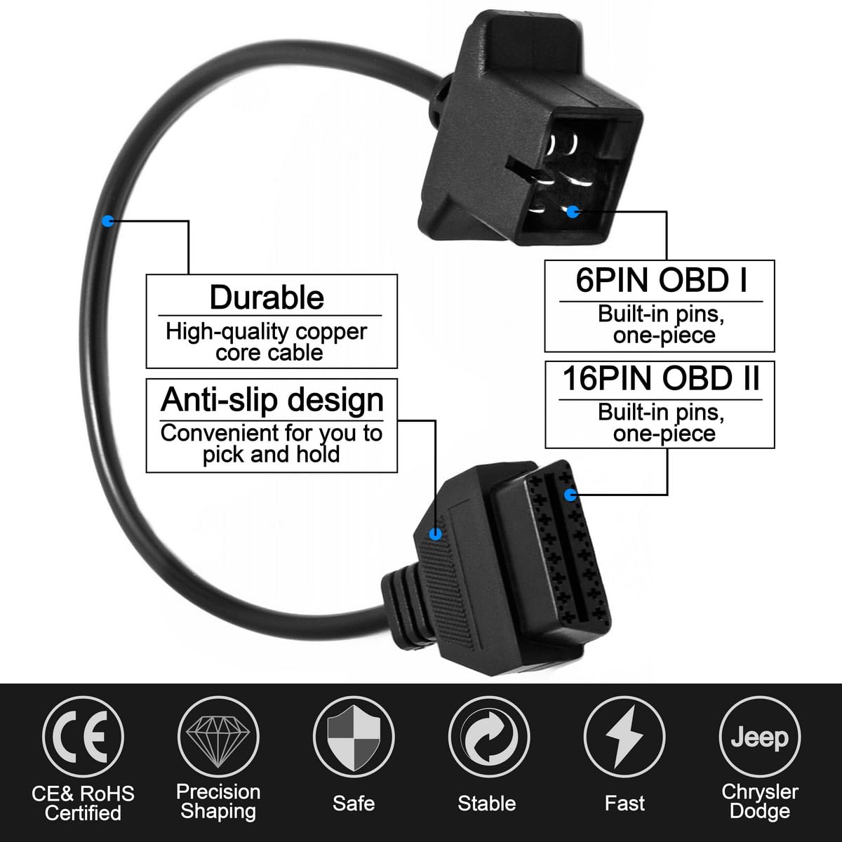 Goliton Goliton 6 Pin OBD1 to 16 Pin OBD2 Diagnostic Scanner Convertor Adapter Cable Compatible for Jeep Dodge Chrysler - View 2 of 6