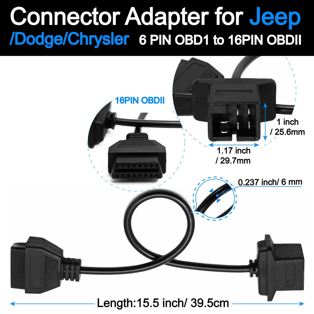 Goliton Goliton 6 Pin OBD1 to 16 Pin OBD2 Diagnostic Scanner Convertor Adapter Cable Compatible for Jeep Dodge Chrysler - View 3 of 6
