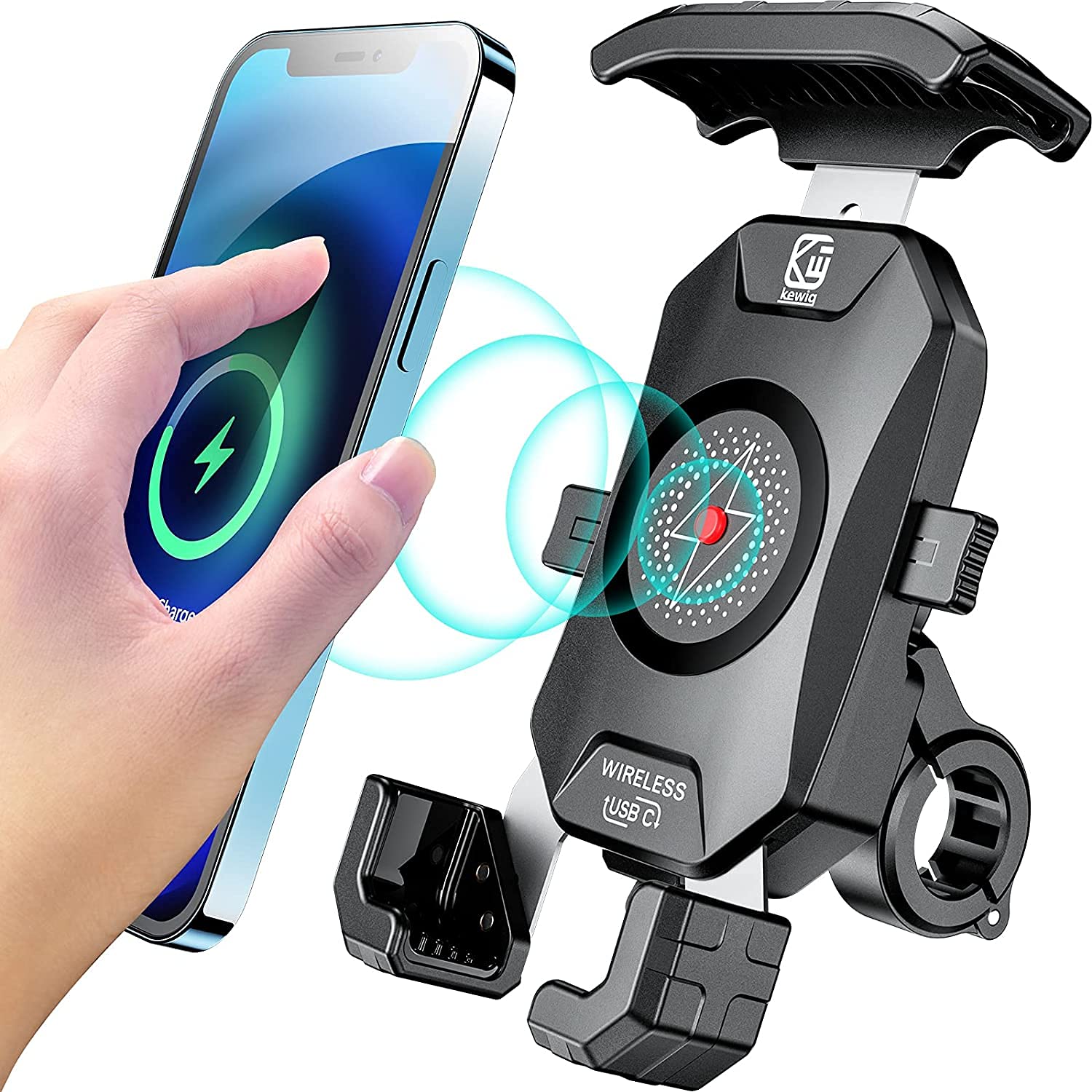 Kewig KEWIG Waterproof Motorcycle Phone Mount: Qi 15W Fast Charging & Quick Release for 4-7'' Phones