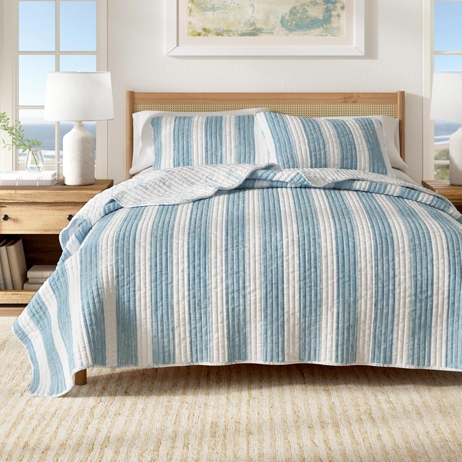 Great Bay Home Great Bay Home Fenwick Collection 3-Piece Coastal Beach Quilt Set Twin Ether Blue Soft Reversible All-Season Microfiber Bedspread - View 7 of 9